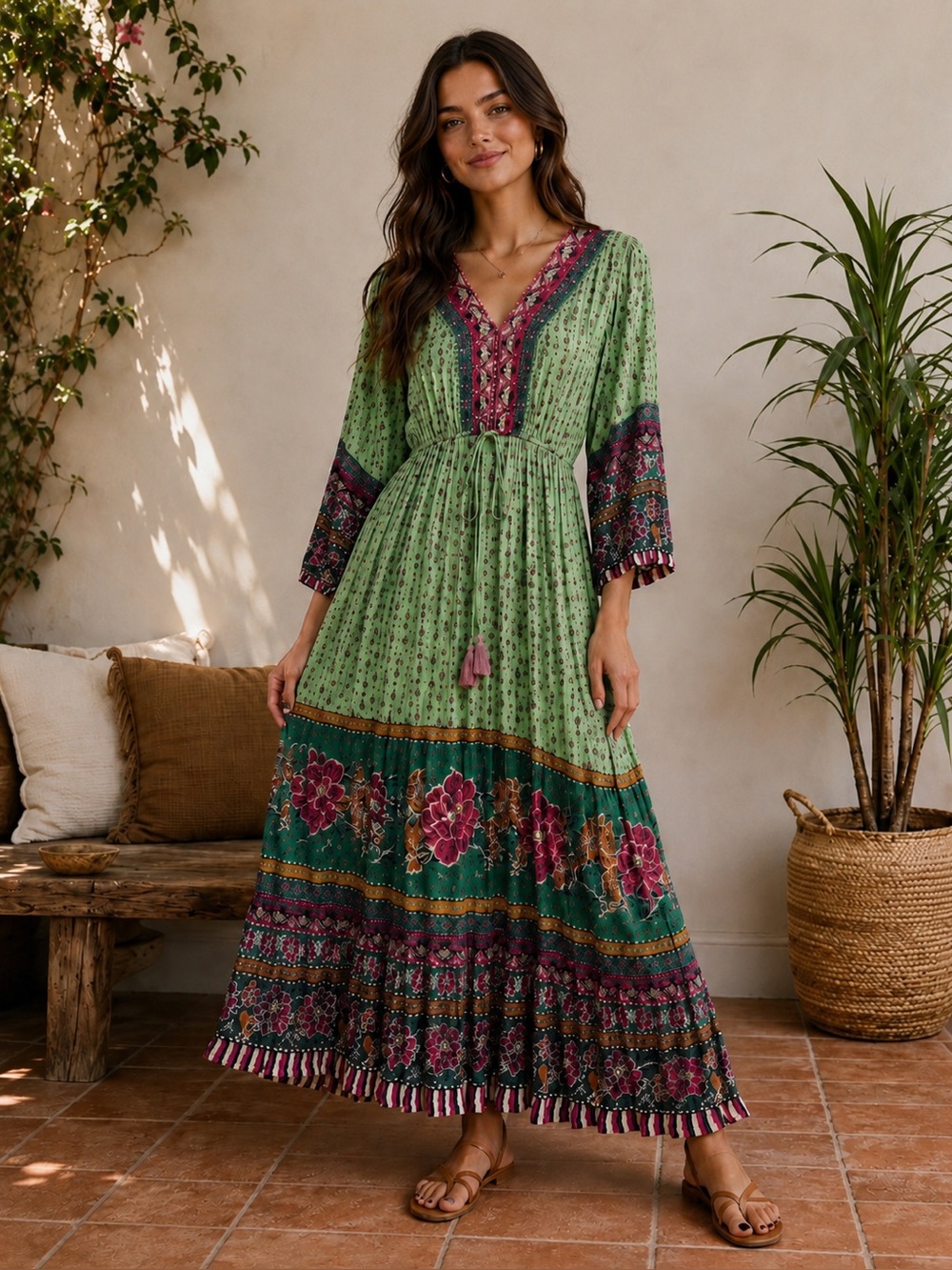 NWT Women’s Boho Floral Maxi Dress | Green Long Sleeve Tie Waist Dress Medium